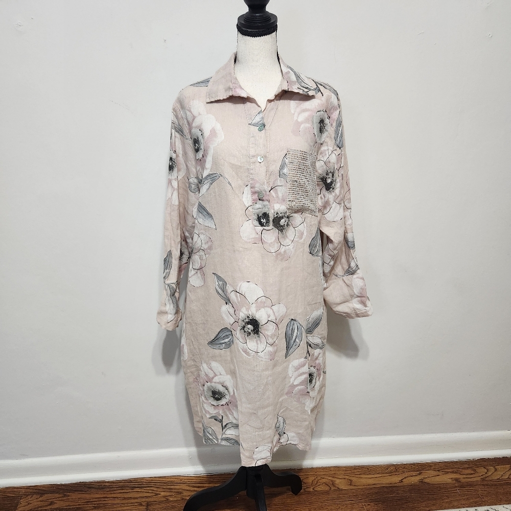 NT Italian Linen Button Down Shirt Dress Pockets Beige Pink Floral Lagenlook L